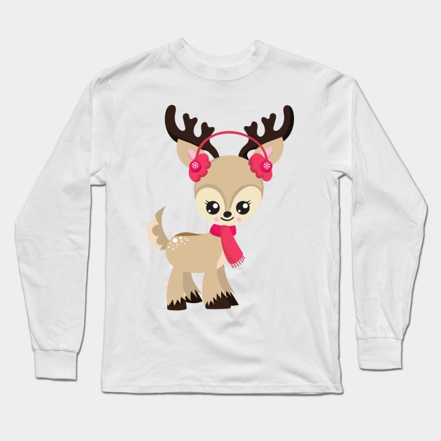 Christmas Reindeer, Cute Reindeer, Red Scarf, Xmas Long Sleeve T-Shirt by Jelena Dunčević